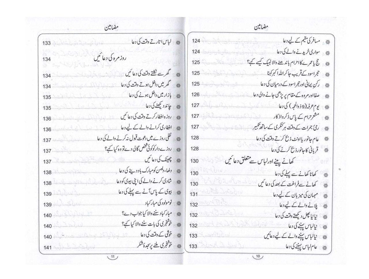 Open pages of Hisn-ul-Muslim Urdu prayer book showing supplications in Urdu script