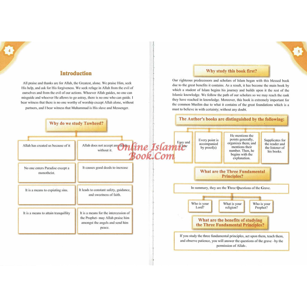 Pages of Islamic book "A Concise Explanation Of The Three Fundamental Principle Followed By The Four Foundation And The Ten Invalidators of Islam" by Sheikh Haytham Ibn Sarhan showing introduction and key Islamic principles.