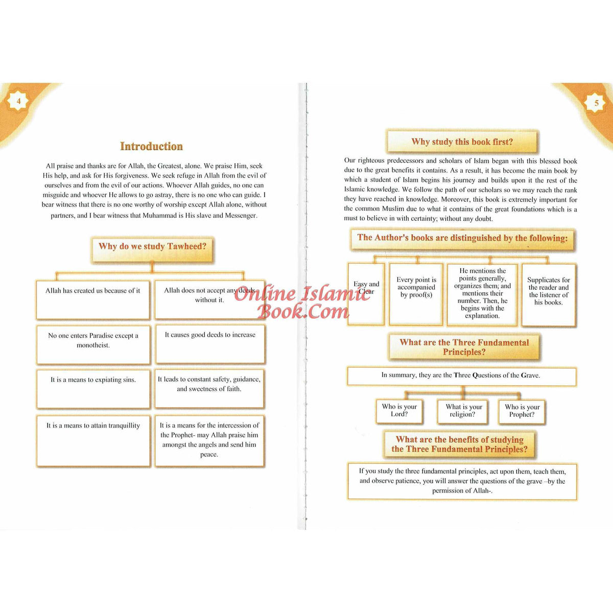 Pages of Islamic book "A Concise Explanation Of The Three Fundamental Principle Followed By The Four Foundation And The Ten Invalidators of Islam" by Sheikh Haytham Ibn Sarhan showing introduction and key Islamic principles.