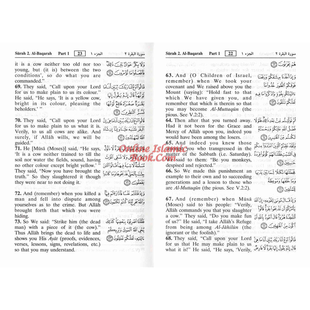 Open Noble Quran Arabic and English pocket size hardcover showing dual-language Arabic script and clear English translation pages