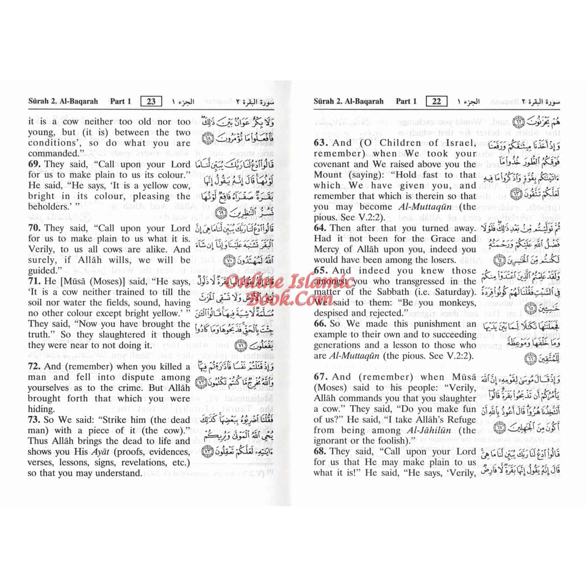 Open Noble Quran Arabic and English pocket size hardcover showing dual-language Arabic script and clear English translation pages