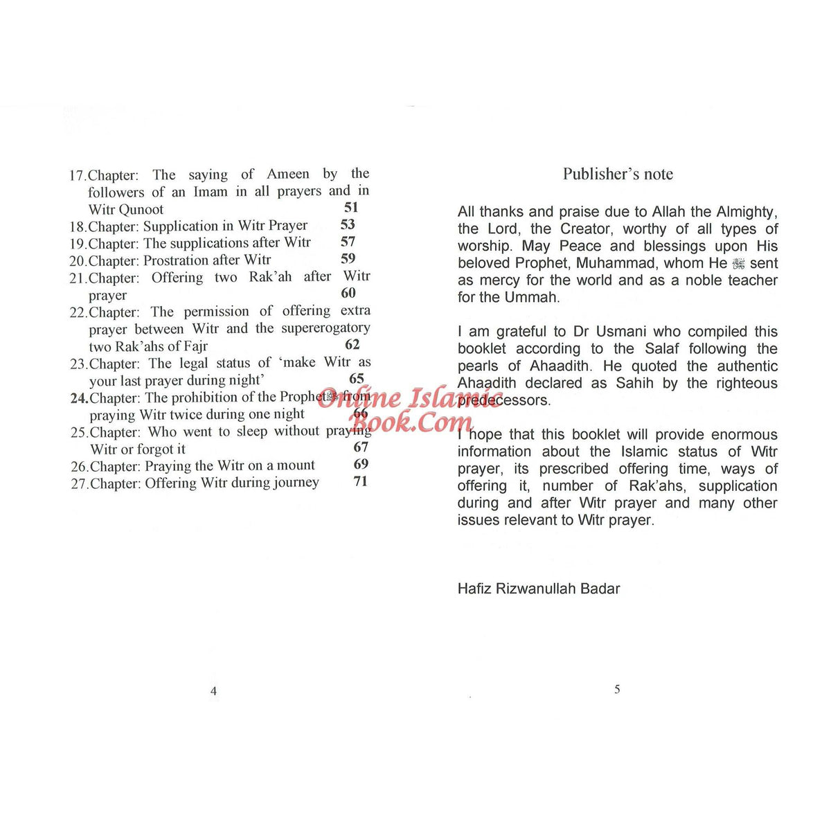 Rulings of Witr Prayer By Dr Muhammad Shabbir Usmani
ISBN: 9781901239126
